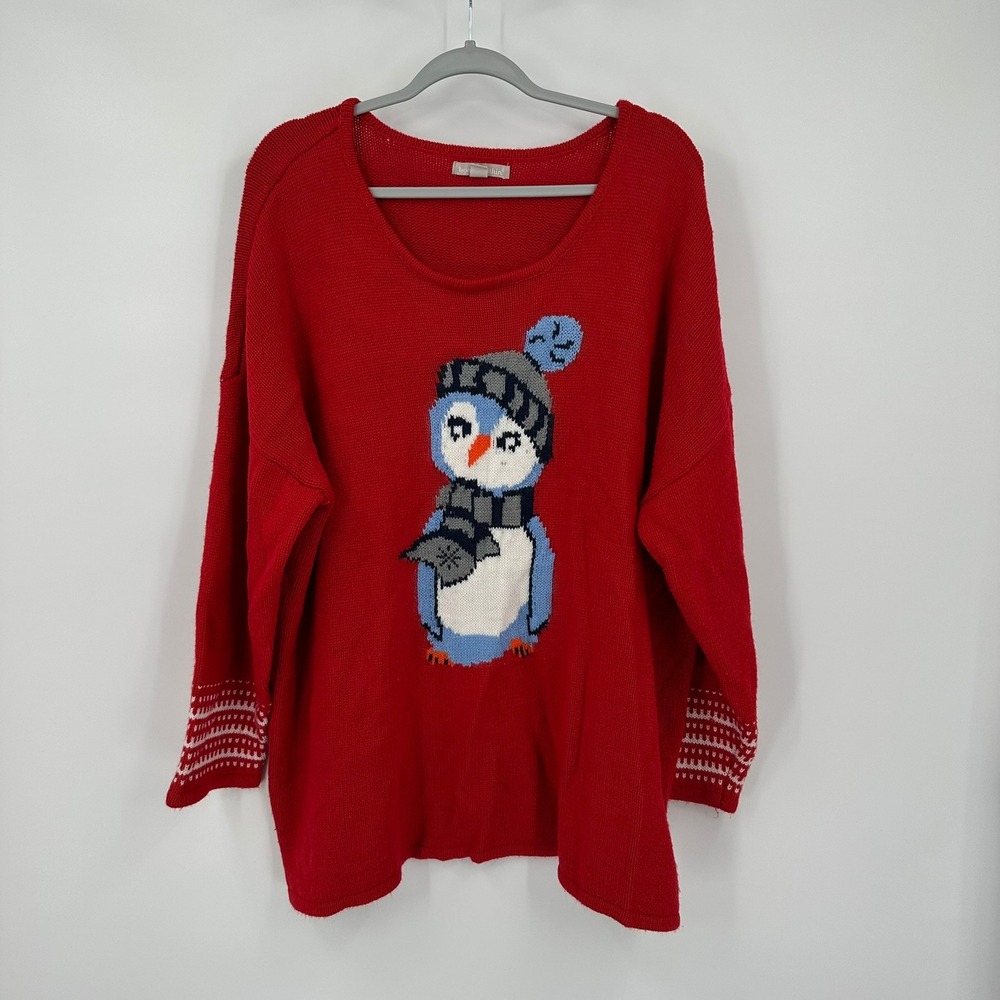 Woman Within Red Penguin Graphic Knit Sweater Size 2X Holiday Festive Whimsical